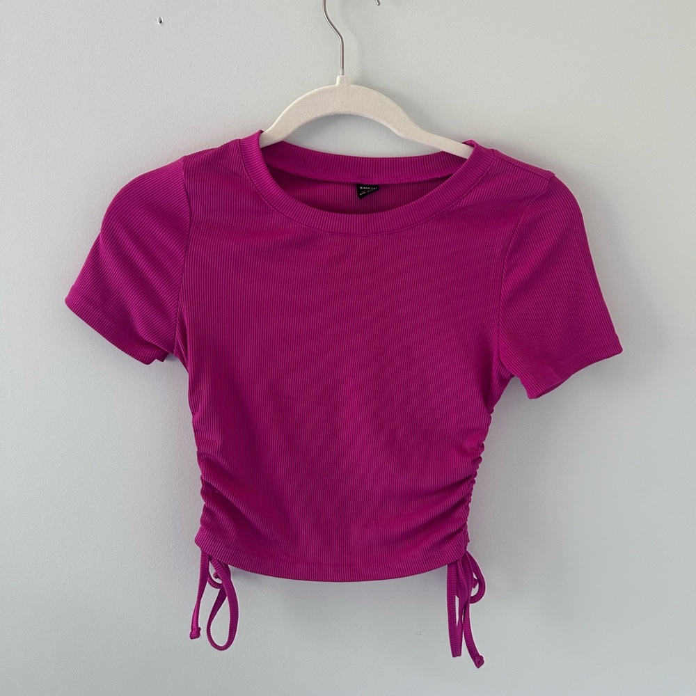 SHEIN Pink Crop Ruched Short Sleeve Tee